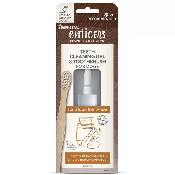 Discount Tropiclean Enticers Teeth Cleaning Gel 2 Oz & Toothbrush - Peanut Butter & Honey Flavor Dental Care